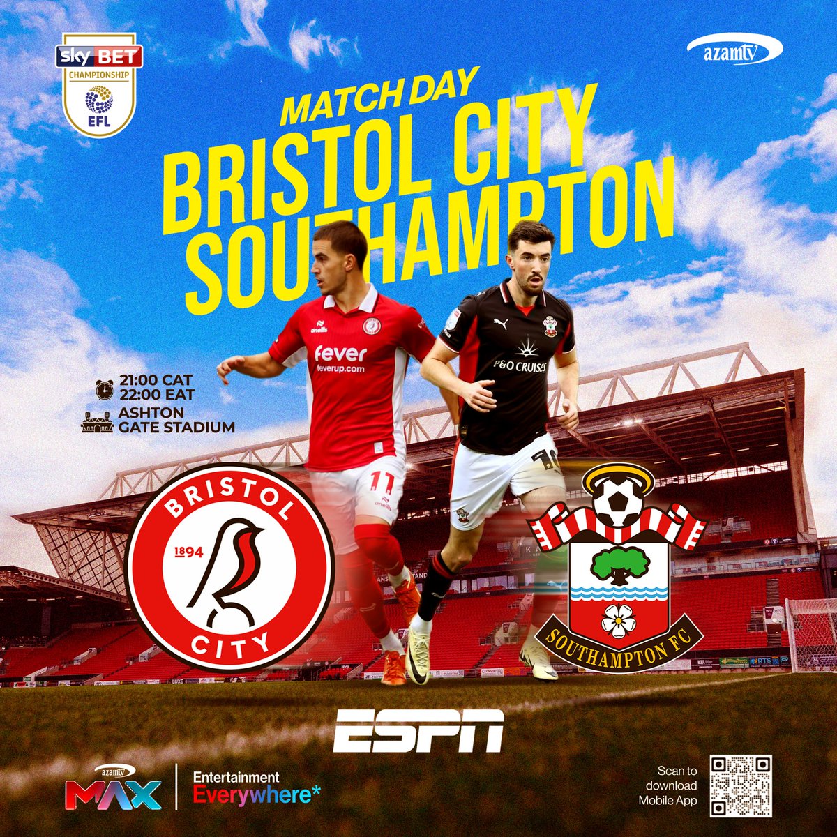 Azamtv_ug's tweet photo. #EPL Matchday 
BRISTOL CITY vs SOUTHAMPTON
LIVE ON #ESPN this Tuesday 21st Oct 2025 22:00  EAT 
Subscribe to #Azam play UGX 45,000 a Month #AzamSportsupdates #LaCasaDeLosFamososMx3 #Followyourstars https://t.co/Dk10APYG8e