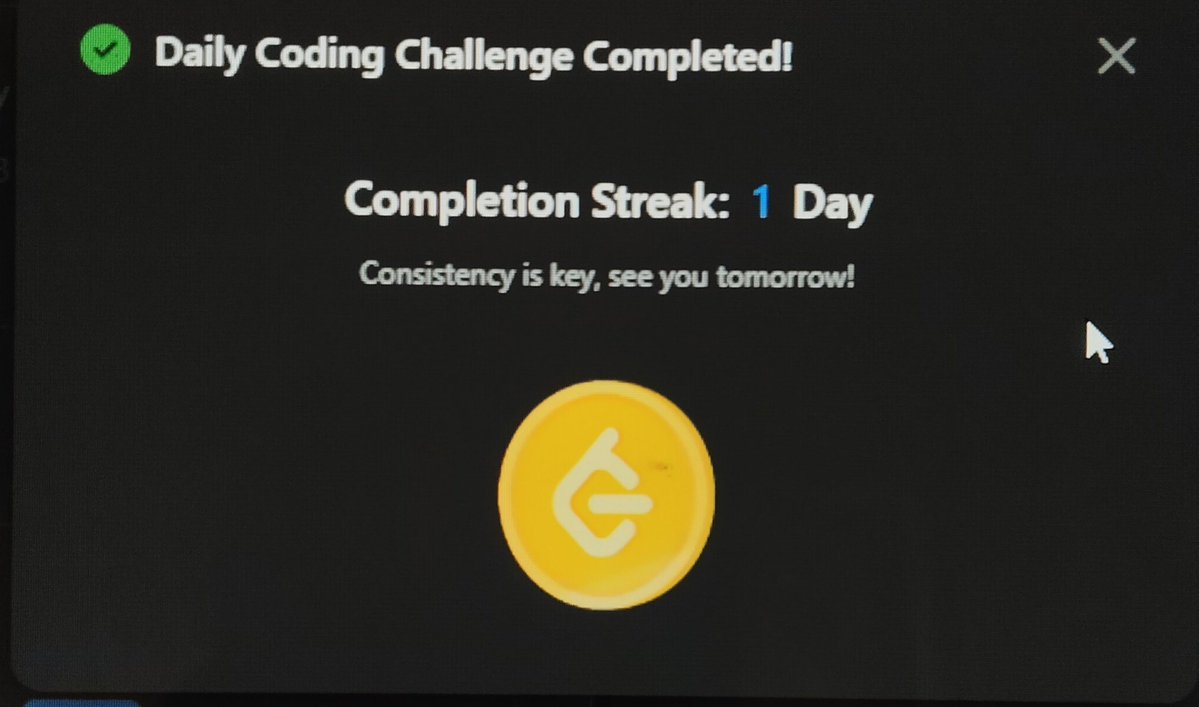 abdullahatif07's tweet image. 💻 First daily LeetCode problem done!
Easy one but feels good 😌
#LeetCodeLife #Abdullahatif
#Coding #CodingJourney