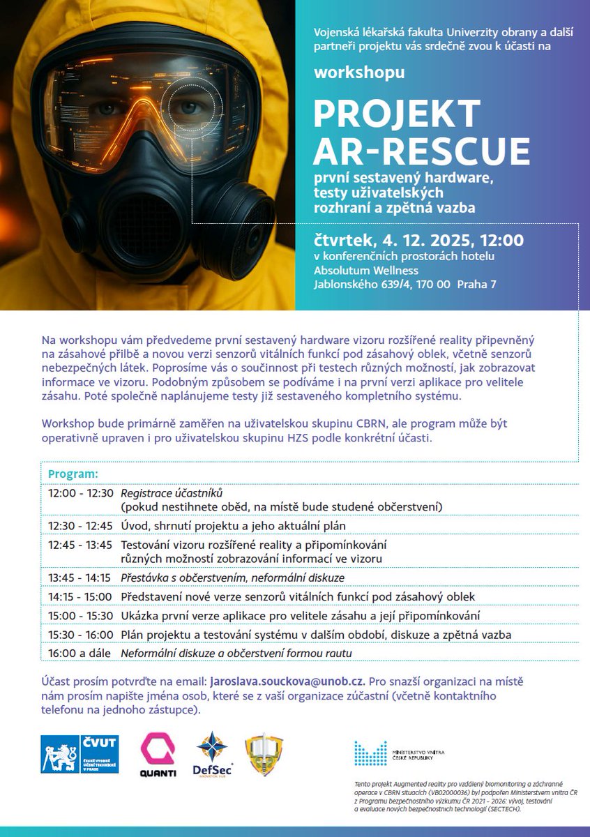 13.11. a 4.12.2025 budeme v Praze opět pořádat další workshopy projektu AR-Rescue, tentokrát již s připomínkováním konkrétního hardware a uživatelských rozhraní aplikací. Srdečně zveme cílové uživatele řešení z oblasti CBRN a IZS.