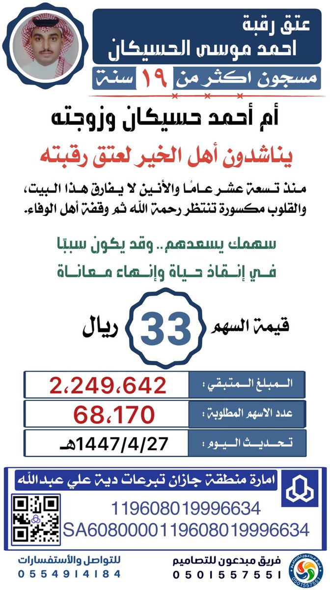 #الاتحاد_الشرطه
#عتق_رقبة_احمد_حسيكان 
المؤمن في ظل صدقته يوم القيامه 
جودوا ياكرام
سهم يسير تنقذ به روحاً وتعيد به الحياه لأسره كامله