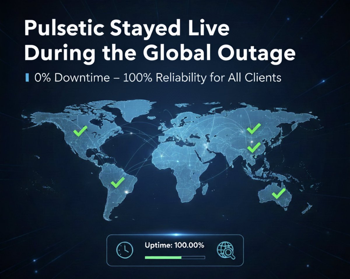 🟢 Despite the global outage, Pulsetic and our clients stayed online. 

Our distributed infrastructure and resilient monitoring kept all status pages live. 

Reliability is built in, not bolted on.

*AWS outage today
The Internet is down...
