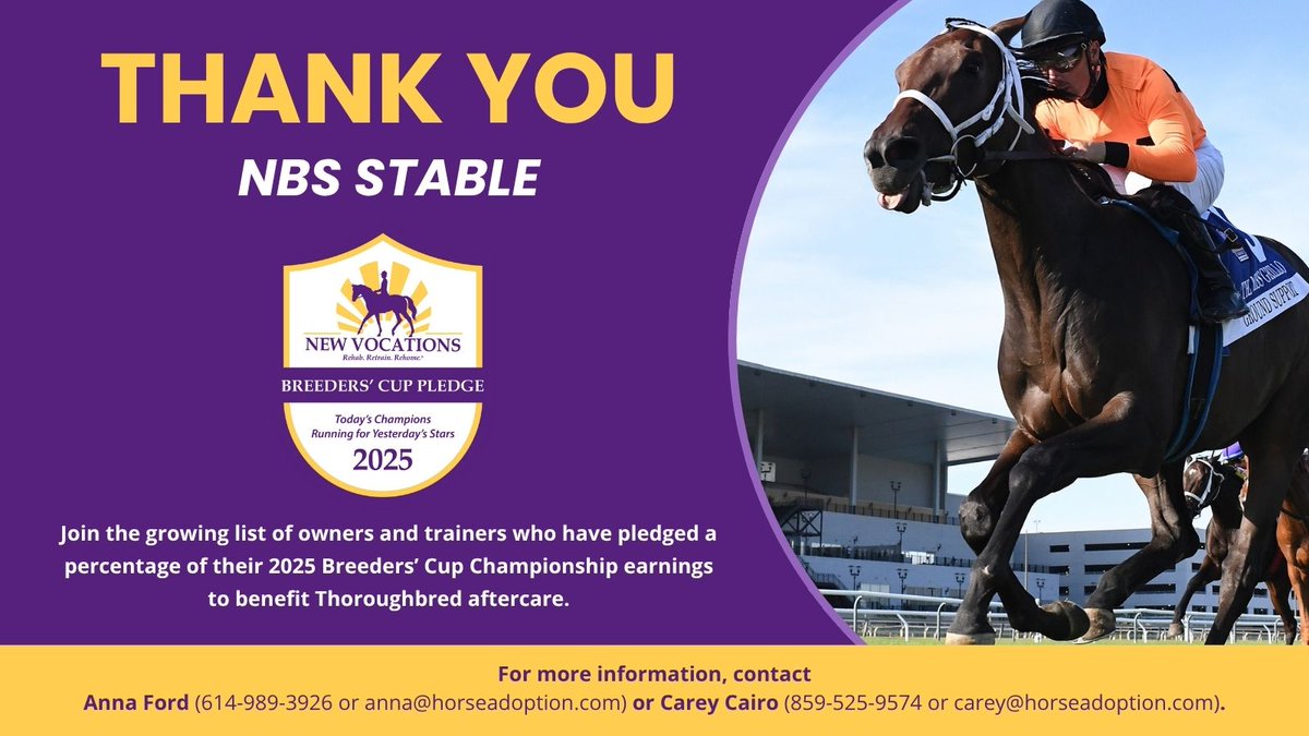 Thank you, NBS Stables, for joining the New Vocations' 16th Annual <a href="/BreedersCup/">Breeders' Cup</a> Pledge #Pledge4Aftercare