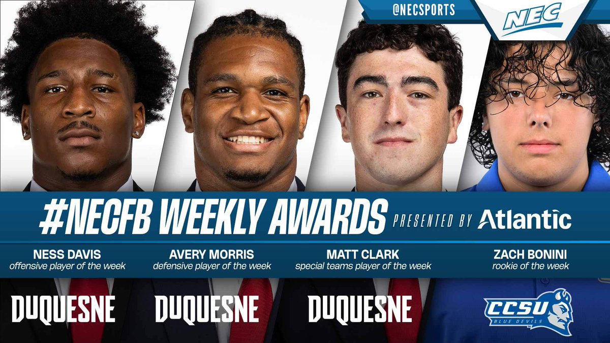 NECFootball's tweet photo. 🏈🏅 The ✌️ remaining unbeatens 🧹 the Week #️⃣8️⃣ awards! 👇

» OPOW: Ness Davis, @DuqFB 
» DPOW: Avery Morris, @DuqFB 
» STPOW: Matt Clark, @DuqFB 
» ROW: Zach Bonini, @ccsu_fb 

#NECFB 

🔗: https://t.co/w47jSfLaAL https://t.co/eYUgRWG5aQ