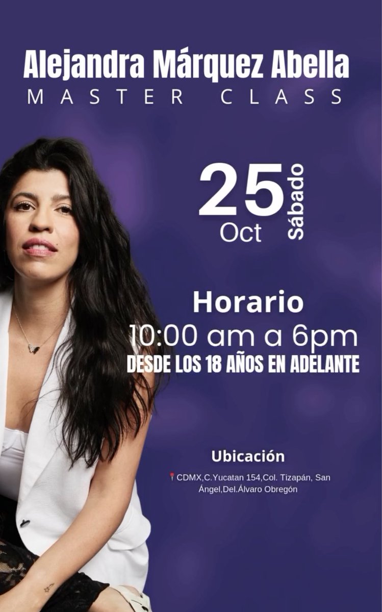Este sábado 25 de octubre Alejandra Márquez Abella impartirá una master class en el espacio de entreamiento para actores BM Studio en CDMX. 🎭

Conoce la información: bit.ly/4qltJE2