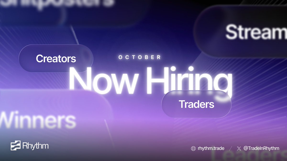 Rhythm Now Hiring banner featuring roles for creators, streamers, and traders