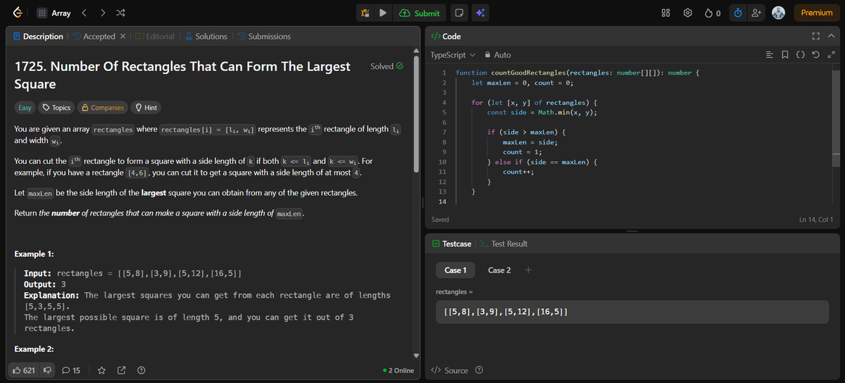 jitesh_mern_dev's tweet image. 🧠 Day 8 of my LeetCode Grind
Today’s problem: Number of Rectangles That Can Form The Largest Square
A clean O(n) loop, no fancy logic - just understanding what the question really asks.
#LeetCodeDailyGrind #100DaysOfCode #JavaScript #MERN #ProblemSolving #LeetCode