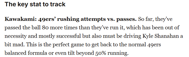 49ers had 39 runs and 26 pass attempts last night.

From the predictions last week: 