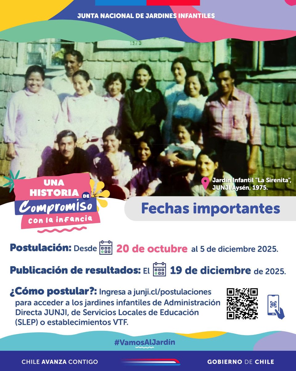 Te invitamos a participar del Proceso de Postulación 2026 a Salas Cuna y Jardines Infantiles JUNJI, SLEP y VTF.
Desde el 20 de octubre al 5 de diciembre podrás postular.

Ingresa a junji.cl/postulaciones y revisa todos los detalles. 🫰🏻