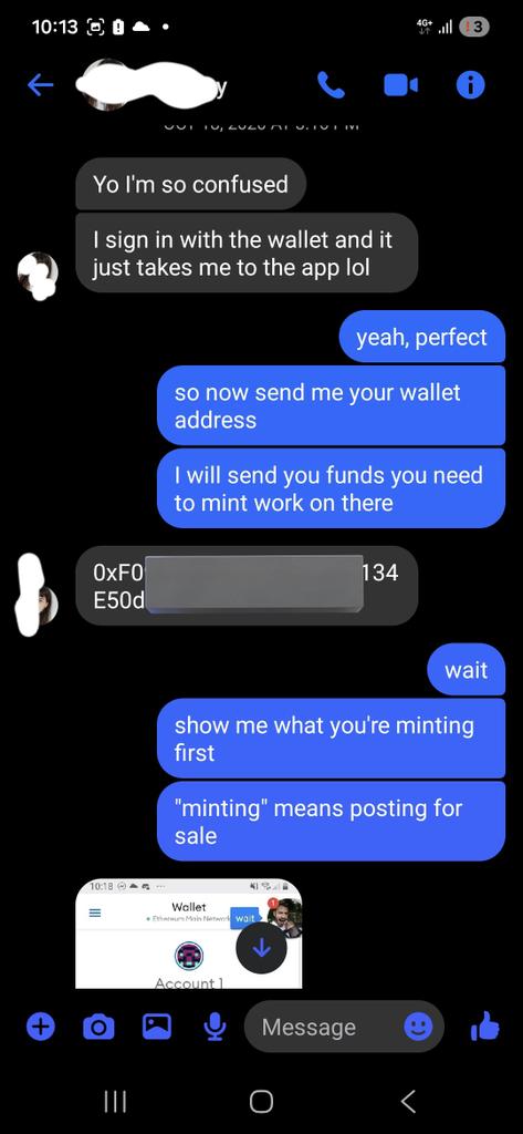아티스트에게 지갑 설정과 NFT minting을 설명한 2020년 페이스북 메신저 대화 스크린샷