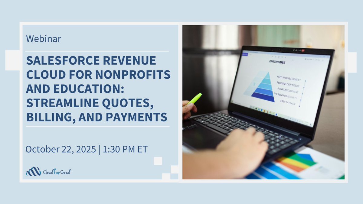 Managing revenue doesn’t have to be complicated. 

Join us Oct 22, 1:30–2 PM ET to see how #Salesforce Revenue Cloud helps nonprofits &amp; education institutions simplify quotes, billing, and payments

All in one system.

👉 Register: bit.ly/48AbcgP

#RevenueCloud