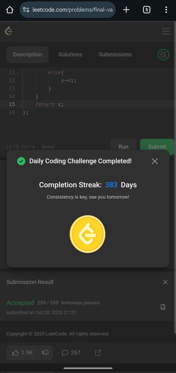 Pratikshak19332's tweet image. 🎉 383 days of @LeetCode done! 

One loop → ++ means +1, -- means -1.
O(n) / O(1) ✅

#POTD #LeetCode