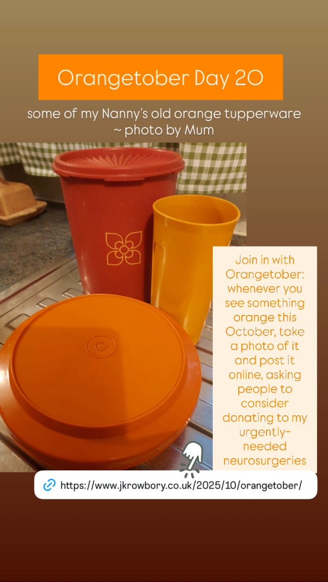 Orangetober Day 20: Nanny’s (Mum’s mum) old orange Tupperware. Join in with Orangetober: whenever you see something orange this October, take a photo of it and post it online, asking people to consider donating to my life-saving neurosurgeries
jkrowbory.co.uk/2025/10/orange…

🧡🧡🧡