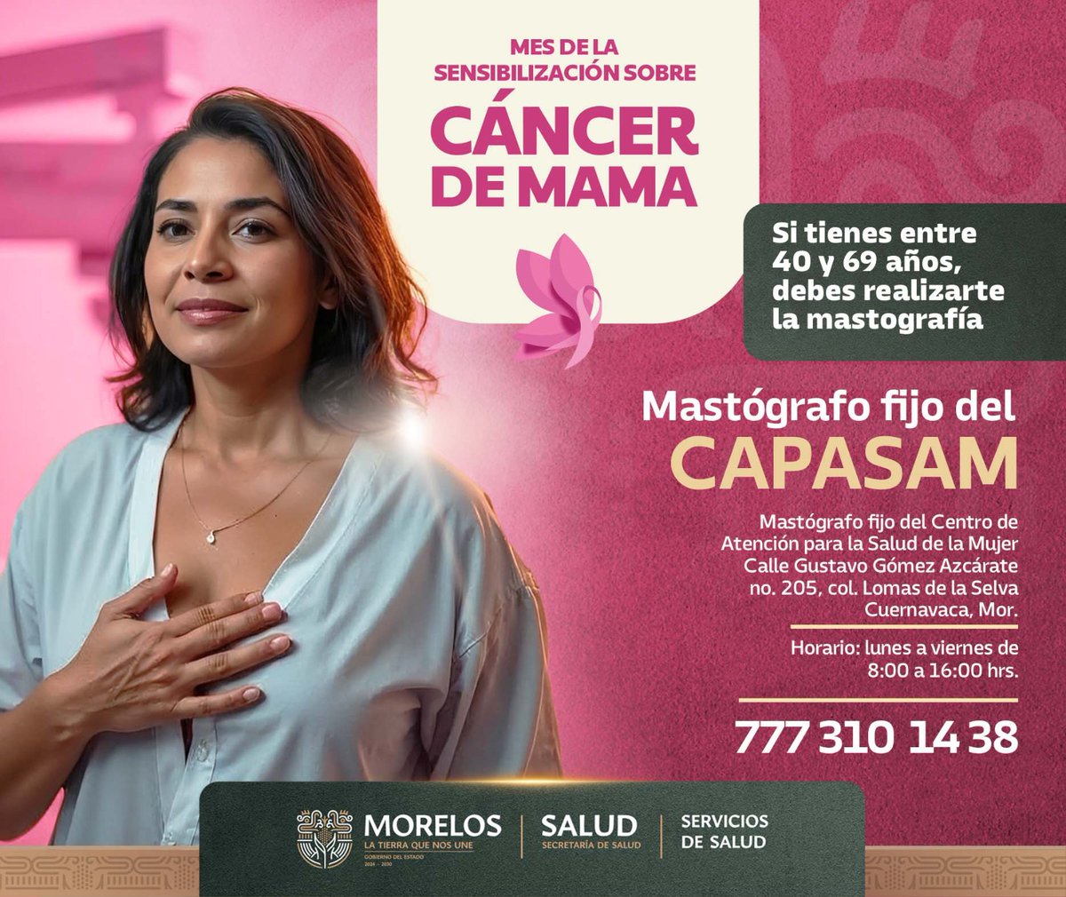 🎀Si tienes de 40 a 69 años de edad, te invitamos a realizarte la mastografía en el Centro de Atención para la Salud de la Mujer CAPASAM, ubicado en Cuernavaca.
🎀¡El #CáncerDeMama puede ser curable si se detecta a tiempo!
#LaTierraQueNosUne