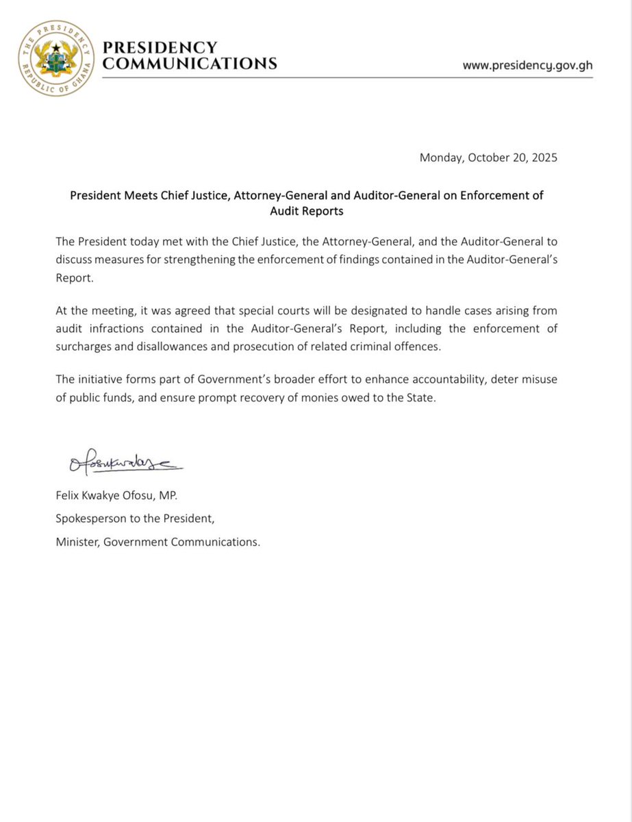 President Mahama meets CJ, AG and Auditor-General over Audit findings enforcement.