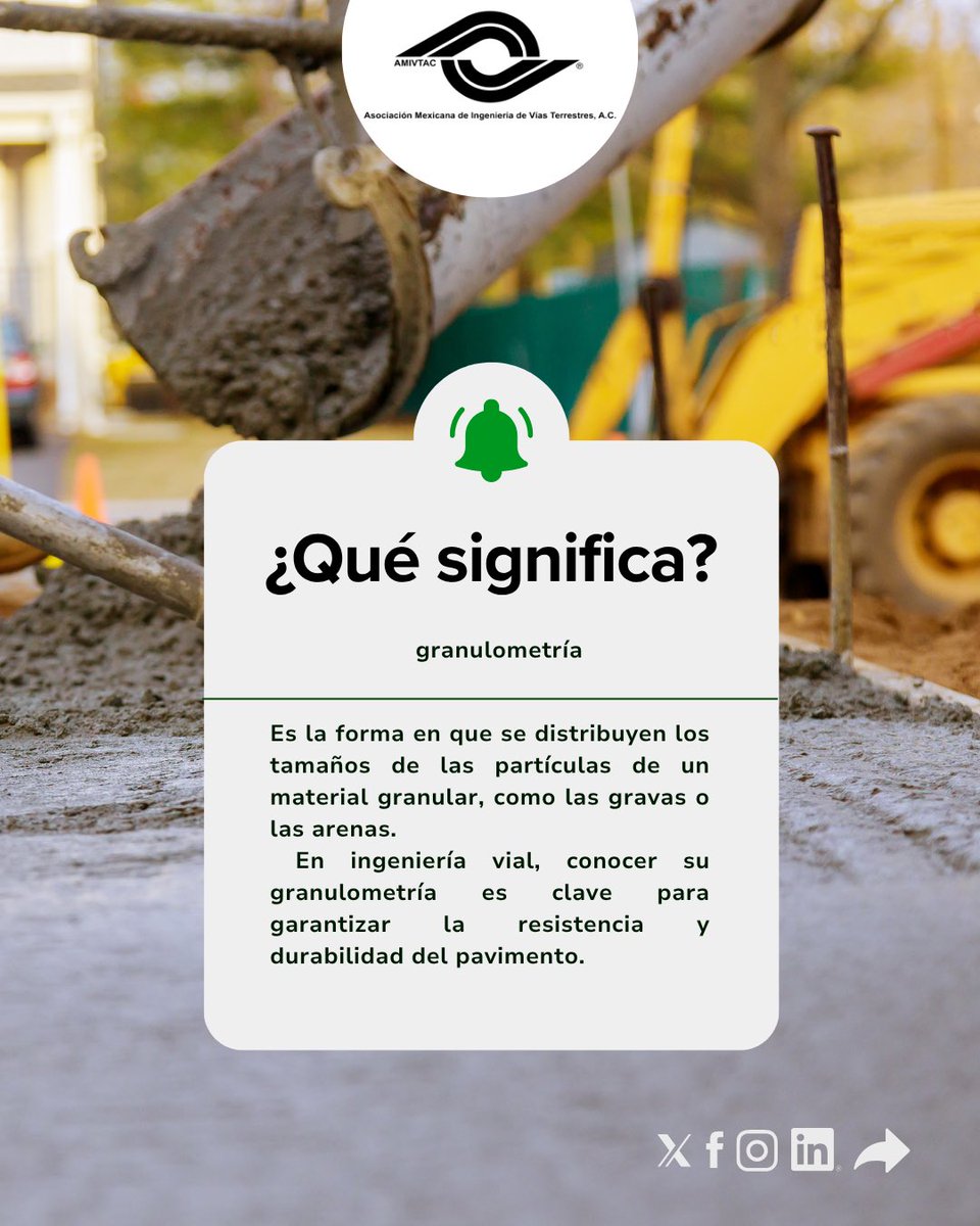 ¿Qué significa granulometría?
Es la distribución de los tamaños de las partículas de un material granular, como arena o grava. Conocerla es clave para construir carreteras resistentes y seguras. 👷🏼‍♂️👷🚧

#QuéSignifica #AMIVTAC #IngenieríaVial #CarreterasSeguras