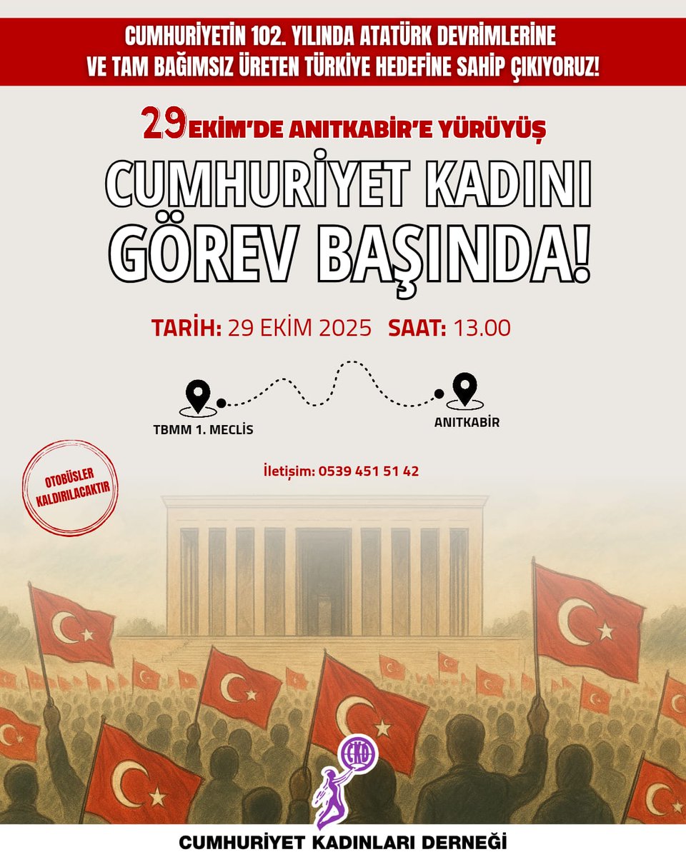 CUMHURİYET KADINI GÖREV BAŞINDA!

Cumhuriyetimizin 102. yılında Atatürk Devrimlerine ve tam bağımsız üreten Türkiye hedefine sahip çıkıyoruz. 🇹🇷

29 EKİM'DE TBMM 1. MECLİS ÖNÜNDEN, ANITKABİR'E YÜRÜYORUZ! 

BAYRAĞINI AL, GEL!
