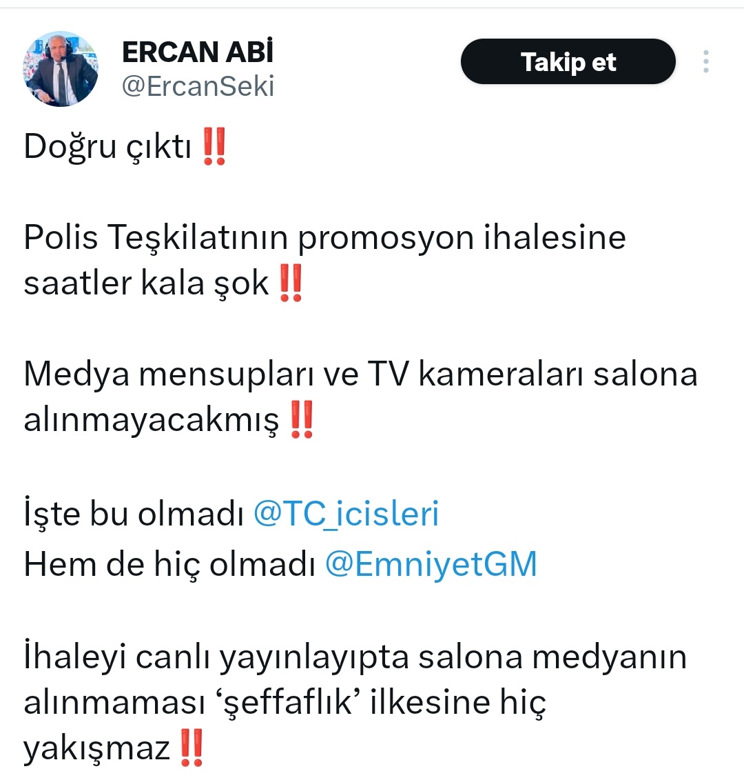 Emniyet Teşkilatının Promosyon İhalesine Medya Temsilcileri ve TV Kameraları Alınmayacakmış. Türk Polis Teşkilatı Mensubu Personelin Yıllardır Anlatmaya Çalıştığı Konu Buydu. Bu Teşkilatta "Adelet, Liyakat, Şeffaflık" Asla Olmadı, Olmayacakta! 
#EGMPromosyondaRekor