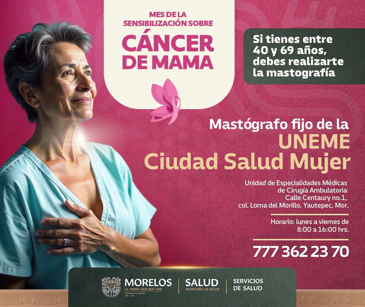 💗 Detectar a tiempo puede salvar tu vida.
  Si tienes entre 40 y 69 años, ¡realízate una mastografía gratuita!
📍 Mastógrafo fijo en la UNEME Ciudad Salud Mujer, Yautepec
  🕗 Lunes a viernes de 8:00 a 16:00 h
El #CáncerDeMama puede ser curable si se detecta a tiempo. 💪