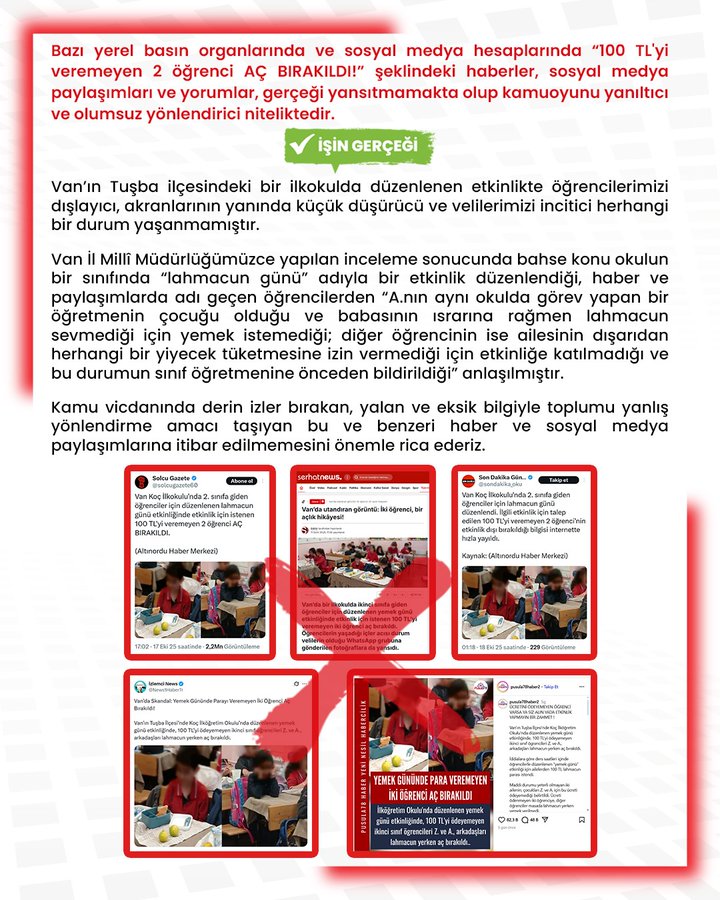 Image displays Turkish text explaining that news about two students being left hungry for not paying 100 TL is false and misleading, with sections detailing the disinformation, including crossed-out screenshots of example tweets from social media accounts spreading the claim, and verification marks indicating official debunking.
