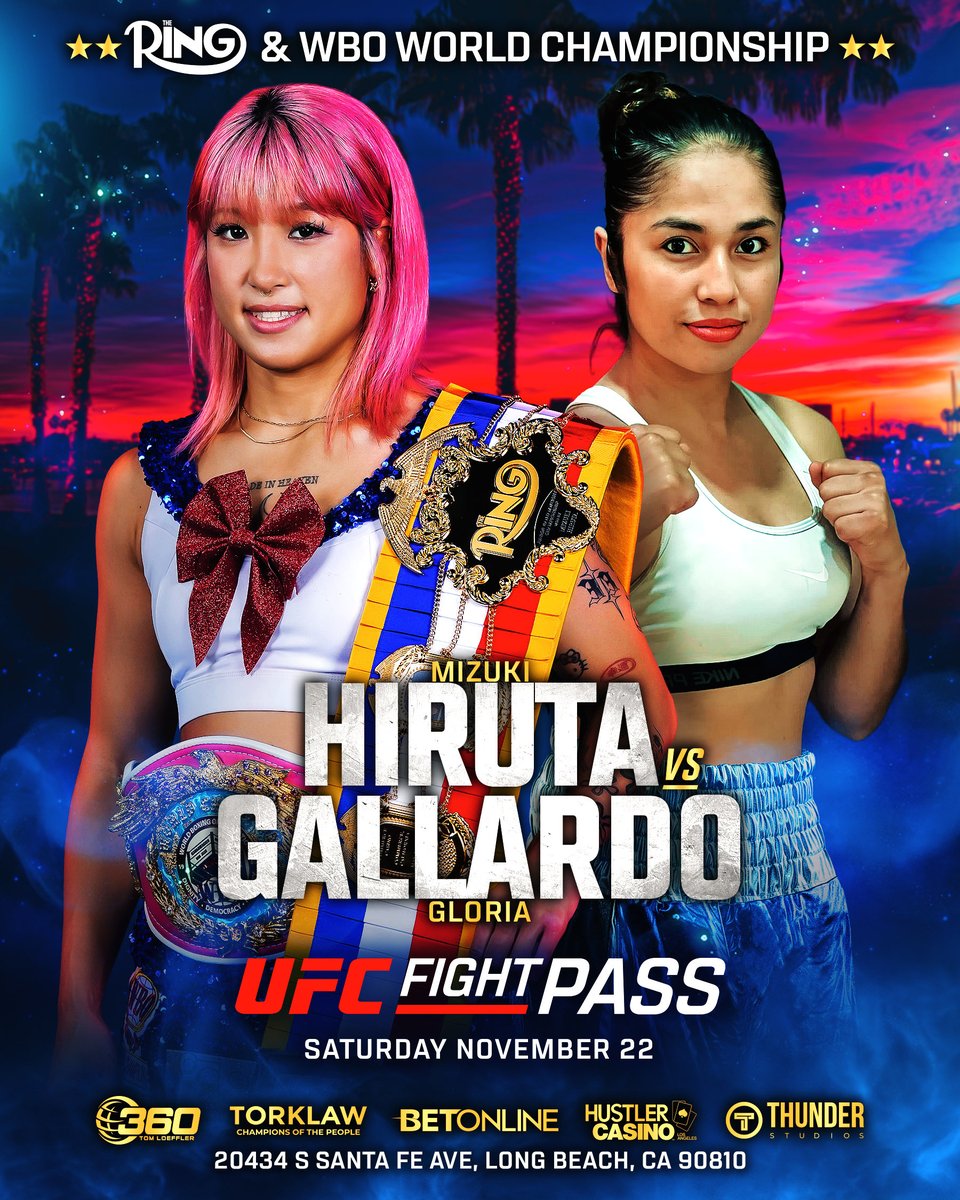 𝐉𝐔𝐒𝐓 𝐀𝐍𝐍𝐎𝐔𝐍𝐂𝐄𝐃: <a href="/ringmagazine/">Ring Magazine</a> &amp; <a href="/WorldBoxingOrg/">WBO</a> World Championship , <a href="/mizuki_hiruta33/">晝田瑞希 MizukiHiruta</a> makes her 6th title defense vs Gloria Gallardo on Sat Nov 22 live on <a href="/UFCFightPass/">UFC FIGHT PASS</a> from Thunder Studios in Long Beach, CA. 
Tix 🔗 events.thunderstudios.com/event-details/… #HirutaGallardo #晝田瑞希