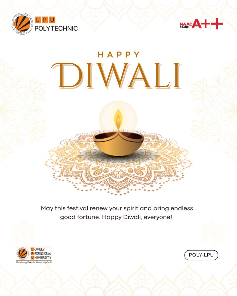 LPUPolytechnic's tweet image. &quot;Wishing you a sparkling Diwali! 🌟✨ May the festival of lights illuminate your life with joy, prosperity, and success! 🙏❤️ #DiwaliWishes #SchoolOfPolytechnic #LPU #FestivalOfLights&quot;