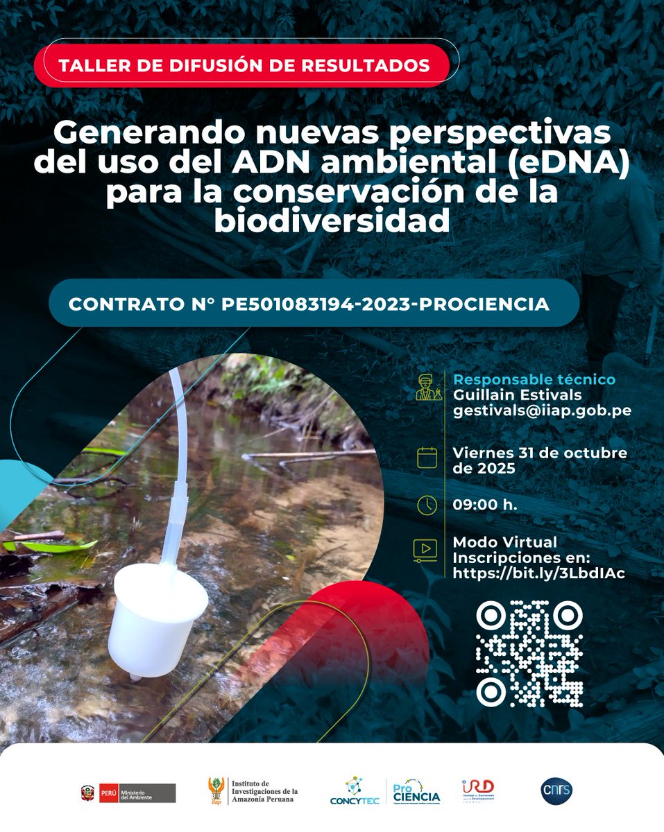 ProcienciaPeru's tweet image. 🧬 Taller de difusión de resultados
“Generando nuevas perspectivas del uso del ADN ambiental (eDNA) para la conservación de la biodiversidad”

🔗 Inscríbete aquí: us06web.zoom.us/meeting/regist…

#Prociencia #Concytec #IIAP #ADNAmbiental