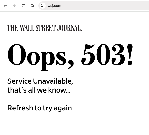 ericschwartzman's tweet photo. The @WSJ has been offline for hours. What's up? https://t.co/cCMVGgFyKk