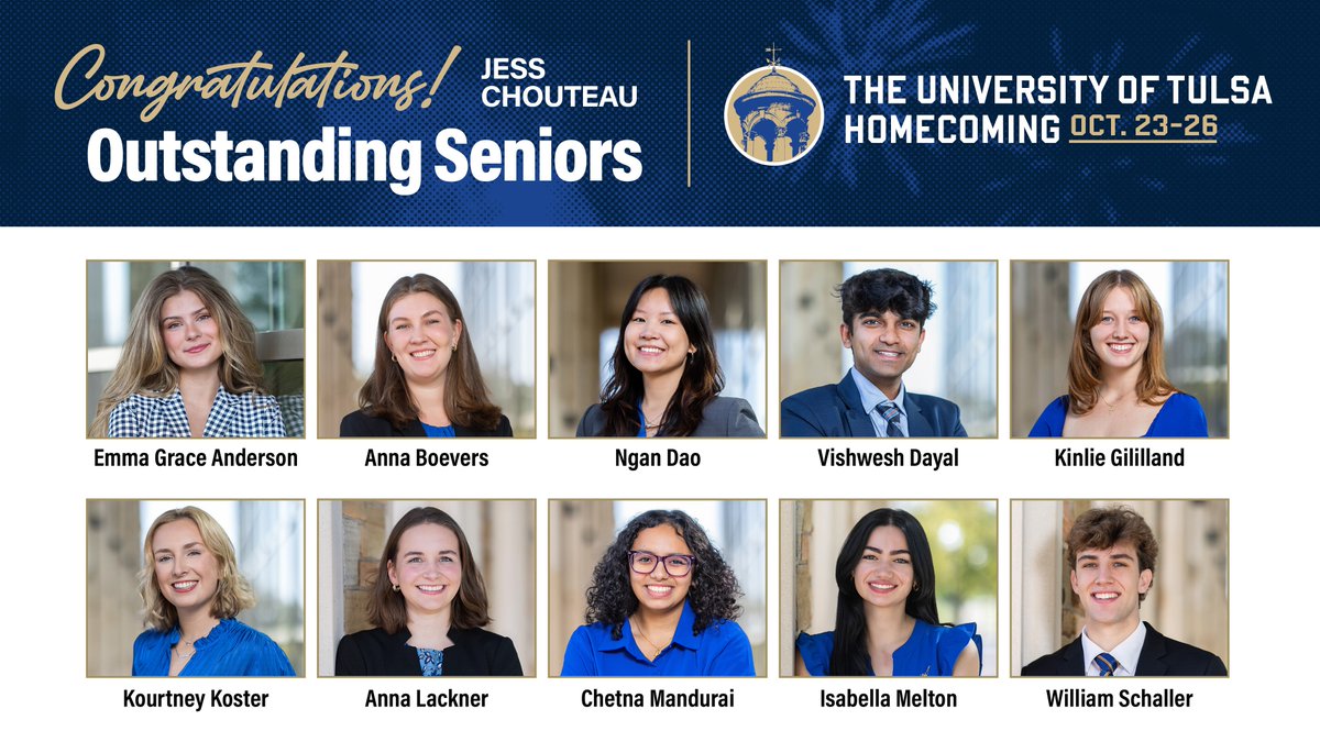 utulsa's tweet photo. Congratulations to the 2025 Outstanding Seniors! 👑🌀
The Outstanding Senior Award recognizes 10 seniors who demonstrate exceptional achievement in both academic and service endeavors. These winners were selected by @UtulsaAlumni and will be recognized at Homecoming this year. https://t.co/H5mGTNne8V