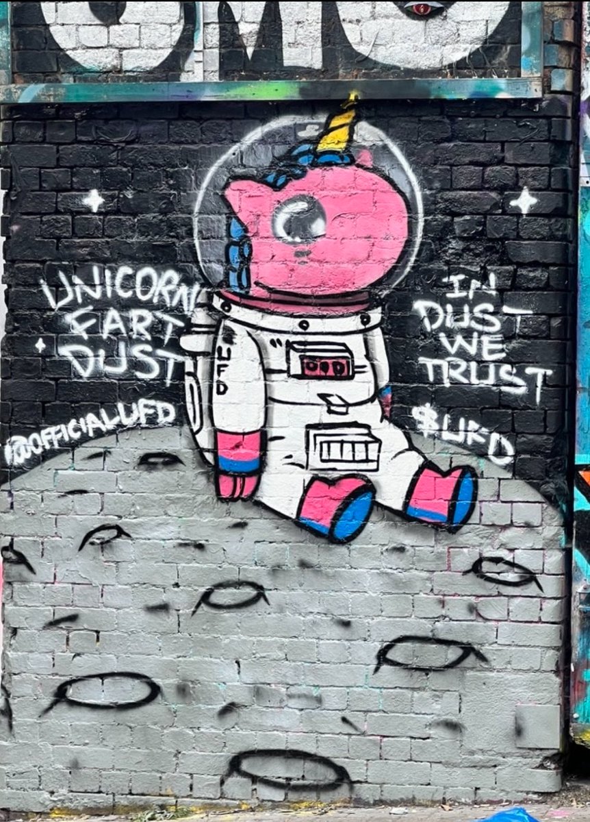 Georgiek420's tweet photo. The $UFD unicorns have been sprinkling some dust & making things happen behind the scenes 🦄💨✨

The original poster designs came from @erms011’s dope creations 🔥

And our epic $UFD mural was brought to life by the incredibly talented London-based artist @rescueldn ❤️‍🔥

#UFDLDN #Londongraffiti #Urbanart
$UFD 🦄💨✨
