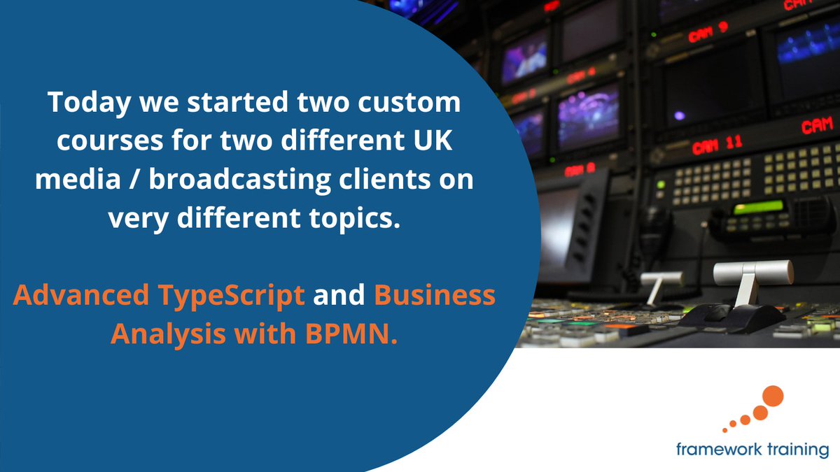 FrameworkTrain's tweet image. It’s all about broadcasting this week! 🎙️
We’re running two custom courses for two different UK media / broadcasting clients on very different topics.
#TypeScript #businessanalysis #BPMN #Broadcast #Learning