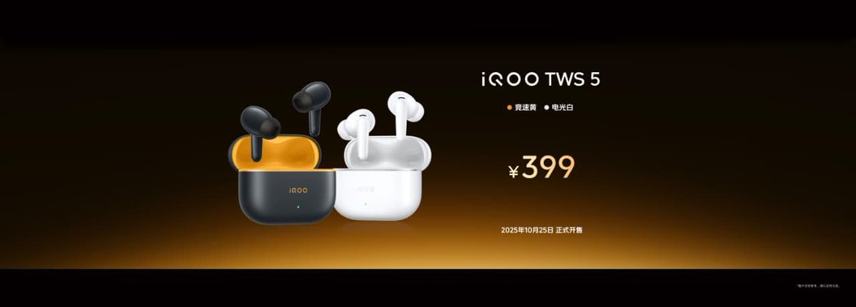 _CodeWizard's tweet image. 🎧 The #iQOOTWS5 launched today in China 🇨🇳
Price starts at ¥399 💰
Immersive sound, ultra-low latency, and premium design — audio that matches iQOO performance. ⚡🎶
#iQOO #iQOOTWS5