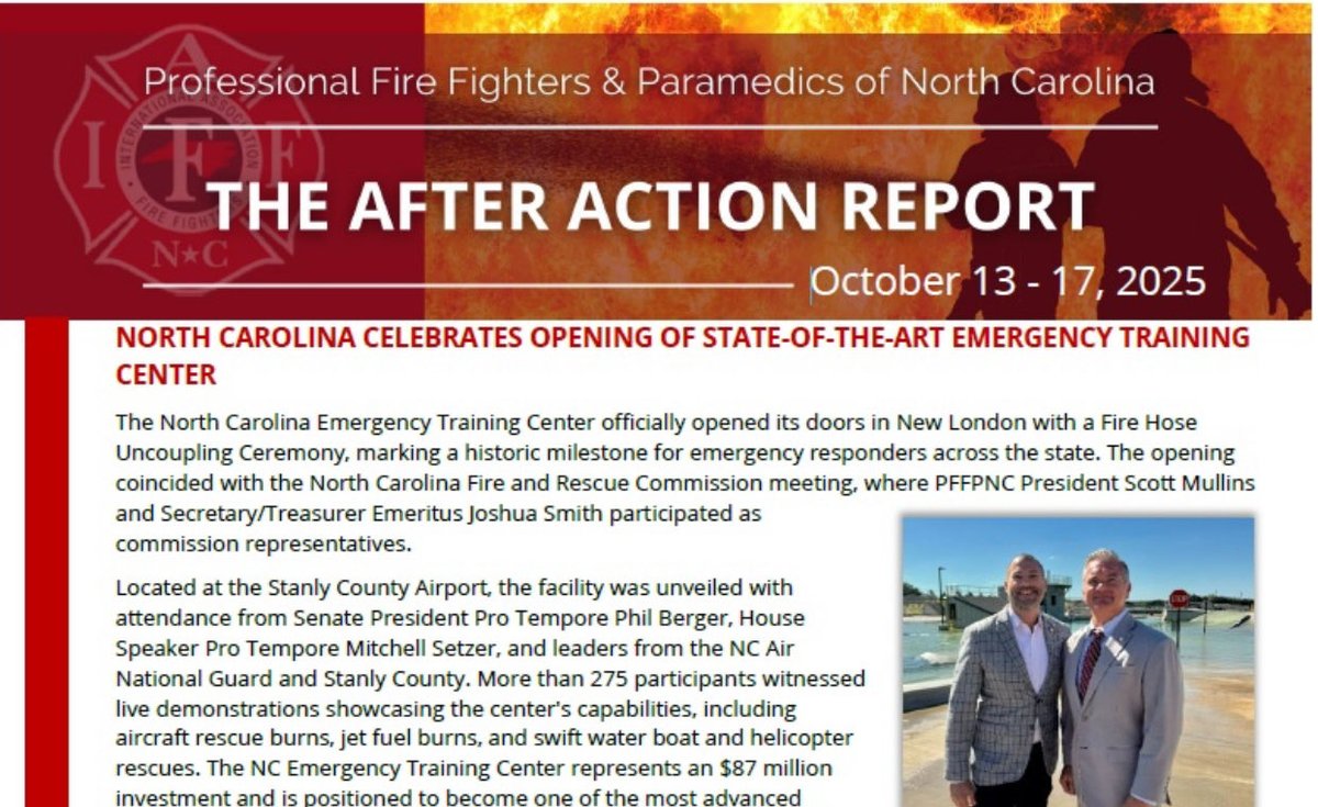 🚨The PFFPNC newsletter for October 13–17 is now posted and includes information on the grand opening of the North Carolina Emergency Training Center in New London, a historic milestone for the state’s emergency responders. 🚨
Click 🔗 pffpnc.org/newsletters/