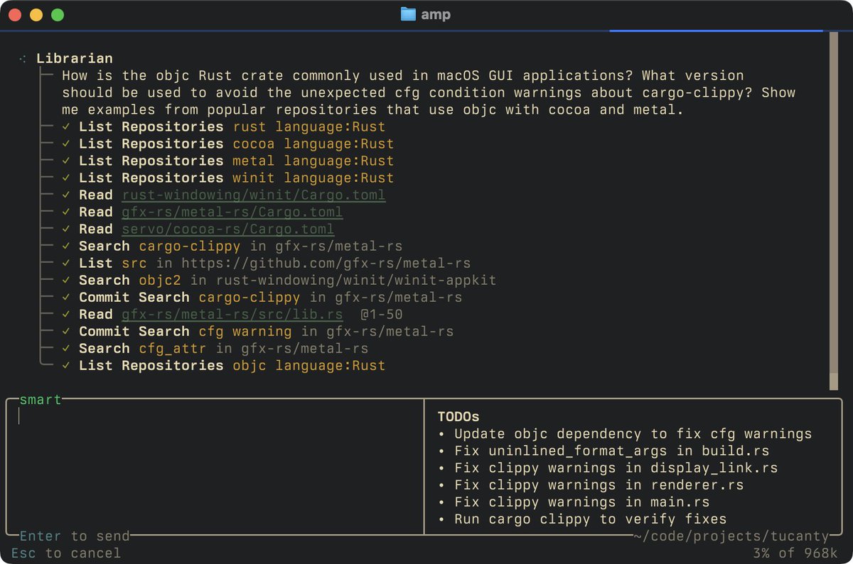 thorstenball's tweet image. Here it is, the Librarian!
Here's how I used it to upgrade a Rust dependency last week (successfully!)