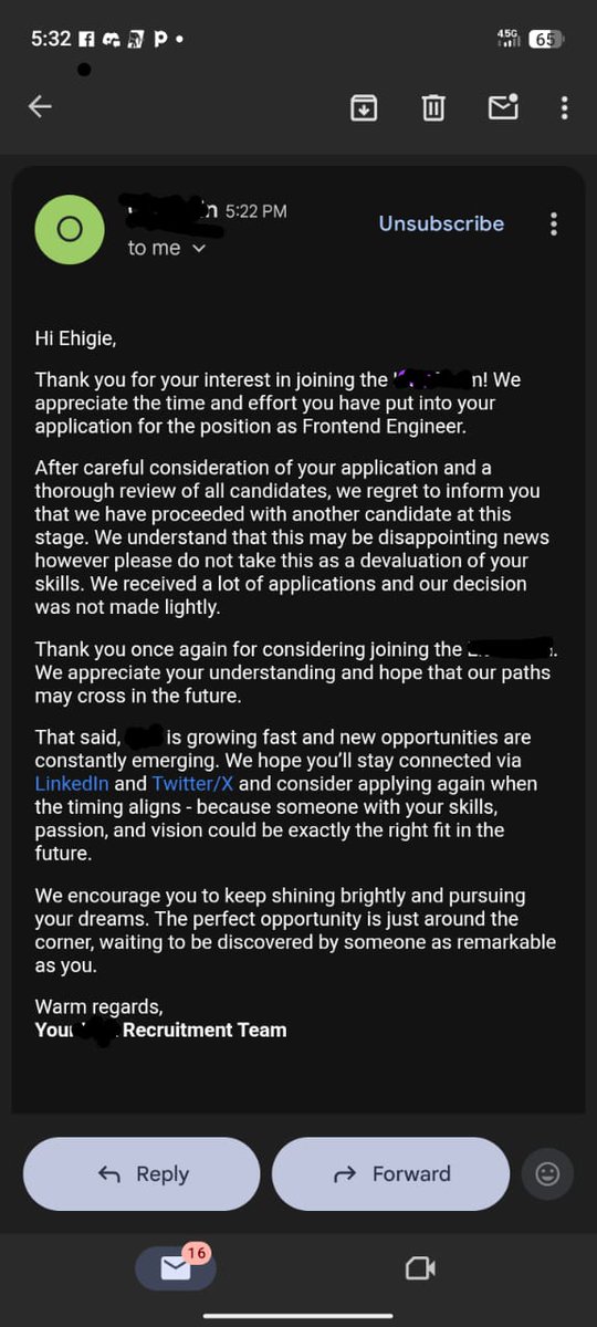 ehigie_glo77819's tweet image. First rejection letter as a Frontend Engineer applicant. Guess my code wasn’t their “type.” 😅 Anyway, time to debug my career path and push another commit. #FrontendDev #KeepCoding