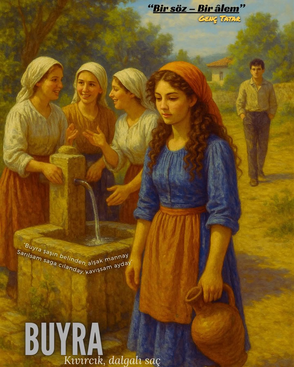 genctatar42's tweet photo. ✨ Bir Söz – Bir Alem ✨

 BUYRA – Kıvırcık, dalgalı saç

Kırım Tatar edebiyatında ve halk şiirlerinde “buyra” kelimesi, çoğu zaman güzelliğin, gençliğin ve sevdanın sembolü olarak geçer..

#KırımTatarca #BirSözBirAlem #Buyra #KırımTatarDili https://t.co/WSa30Ymei4