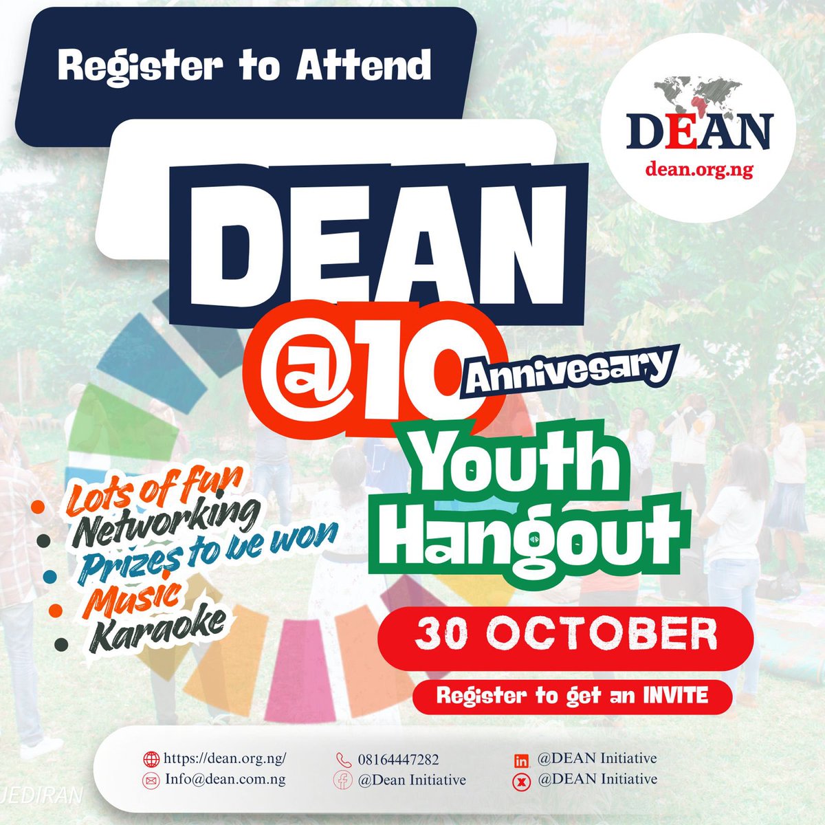 DEAN is 10! Join us in Abuja for the #DEANat10 Youth Hangout, a decade of impact, connection &amp; civic action. Let’s reconnect, share stories &amp; celebrate youth power!
Register: forms.gle/8PqroWHwyMdrFX…

#YouthEngagement #YouthHangout