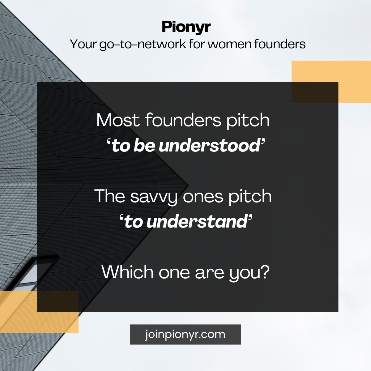 JoinPionyr's tweet photo. Most founders pitch to be understood.
Savvy founders pitch to understand.

They listen for what matters to the other side: fit, risk, impact.

That’s where real deals get made.

Are you pitching to be heard or to understand?👇

#Founders #Entrepreneurs #BuildConsciously #Pionyr https://t.co/4ZBhKQmAzm