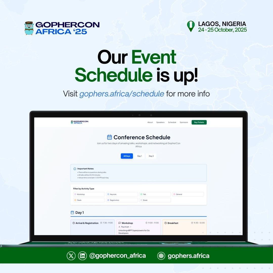 gophers_africa's tweet image. THIS WEEK → #GopherConAfrica 2025 🇳🇬🐹
Join us Oct 24–25 in Lagos for talks, workshops & panels with Africa’s top Go devs.
📅 See the schedule: gophers.africa/schedule
#GoLang #GopherCon #GopherConAfrica25 #gca25