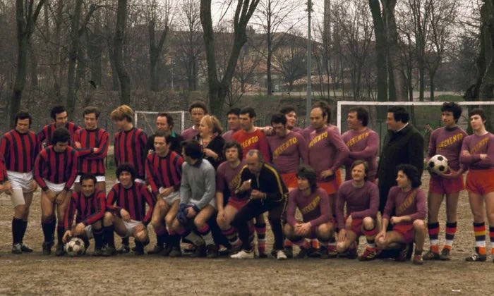 Photo from the 1975 soccer match between the crews of Pasolini’s SALO and Bertolucci’s 1900.