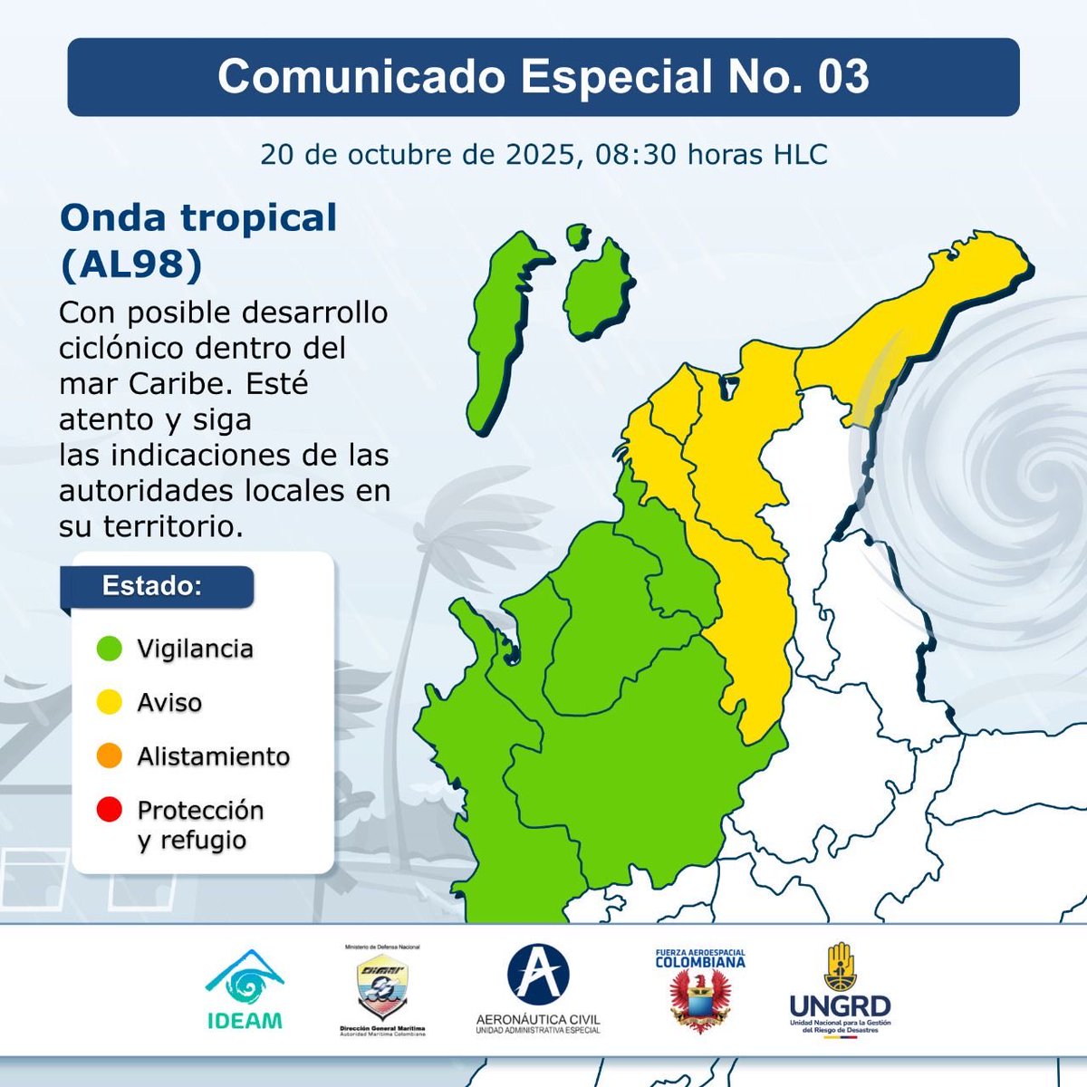 Comunicado Especial No. 03 – Onda Tropical (AL98) Octubre 20 de 2025, 08:30 HLC 🌀

❇️ El Ideam informa que la onda tropical AL98, ubicada sobre el oriente del mar Caribe, continúa desplazándose hacia el occidente con una probabilidad de formación ciclónica