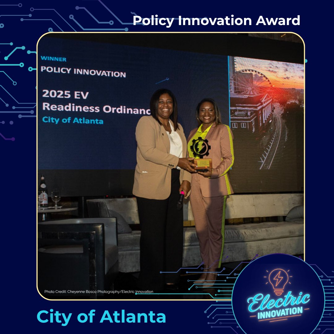 ElectricInno's tweet image. We are excited to recognize the @CityofAtlanta as our first Policy Innovation Award winner! We look forward to seeing how their leadership continues to spur economic development and expand access to electrification solutions for all.