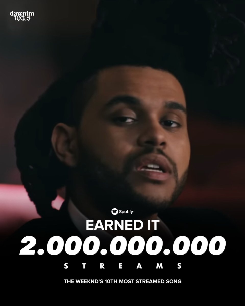 The Weeknd’s “Earned It” has reached 2 BILLION streams on Spotify, making him the first artist in history to have 10 songs with over 2 billion streams!