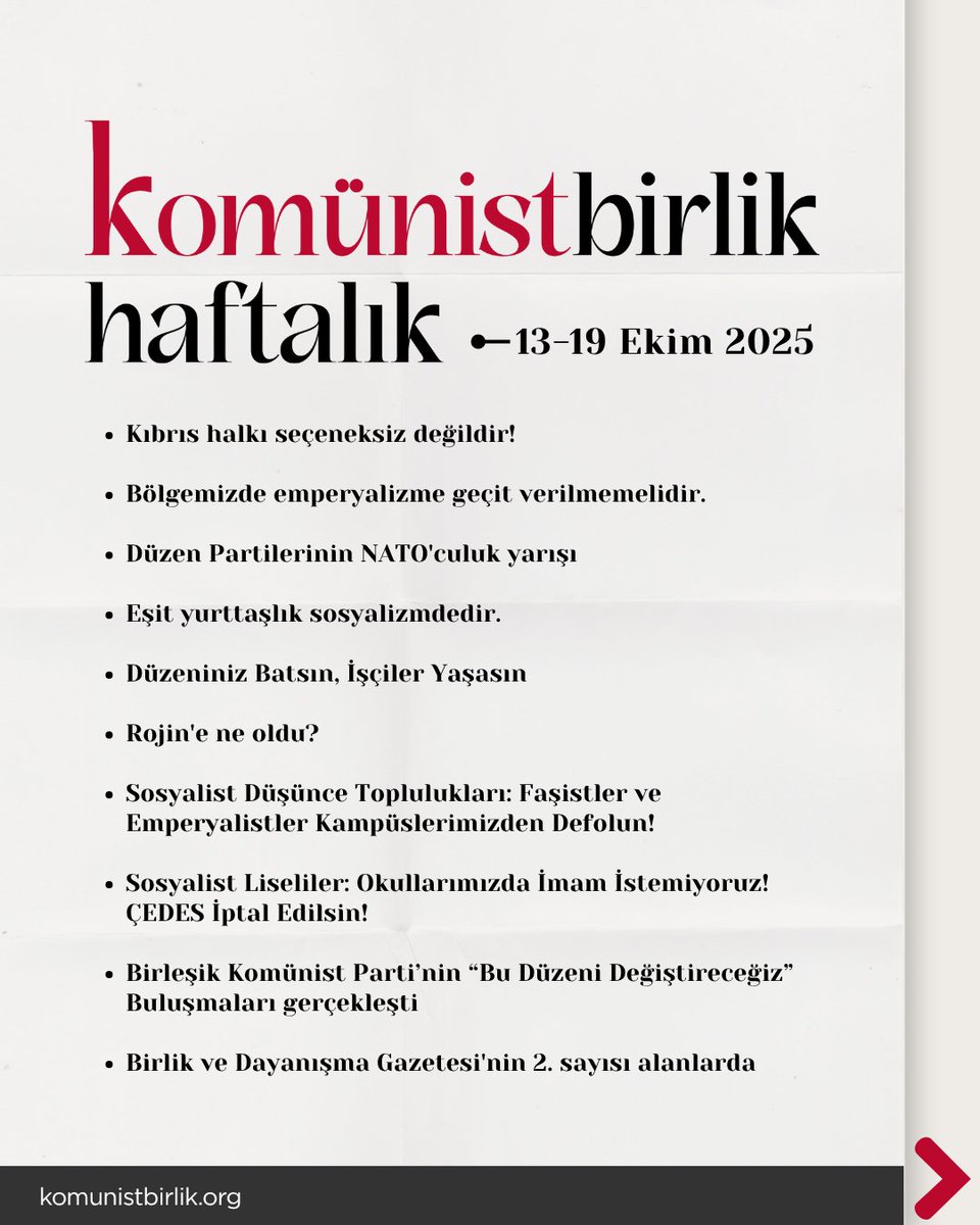 Haftanın önemli gelişmelerini değerlendirdiğimiz 'Komünist Birlik Haftalık' bülteni ikinci sayısıyla yayında.

📌Komünist Birlik Haftalık 13-19 Ekim 2025

🔗 Bültenin tamamına ulaşmak için:
komunistbirlik.org/2025/10/20/kom…
