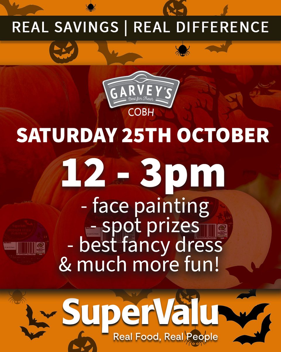 Join in with all the fun in store this Saturday 25th October, 12 - 3pm! 👻🎃🕷

Spot prizes, face-painting, best costume and much more!

#GarveysSuperValu #Cobh #Halloween