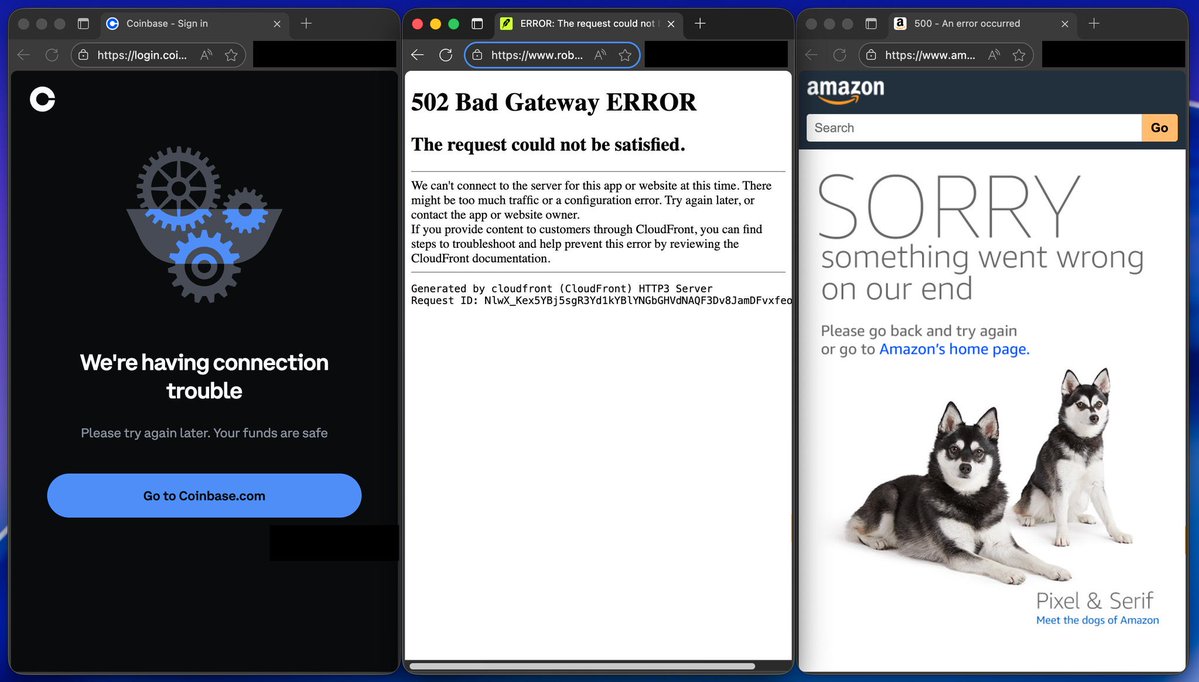 Screenshots of outage errors on Coinbase, Roblox, and Amazon websites