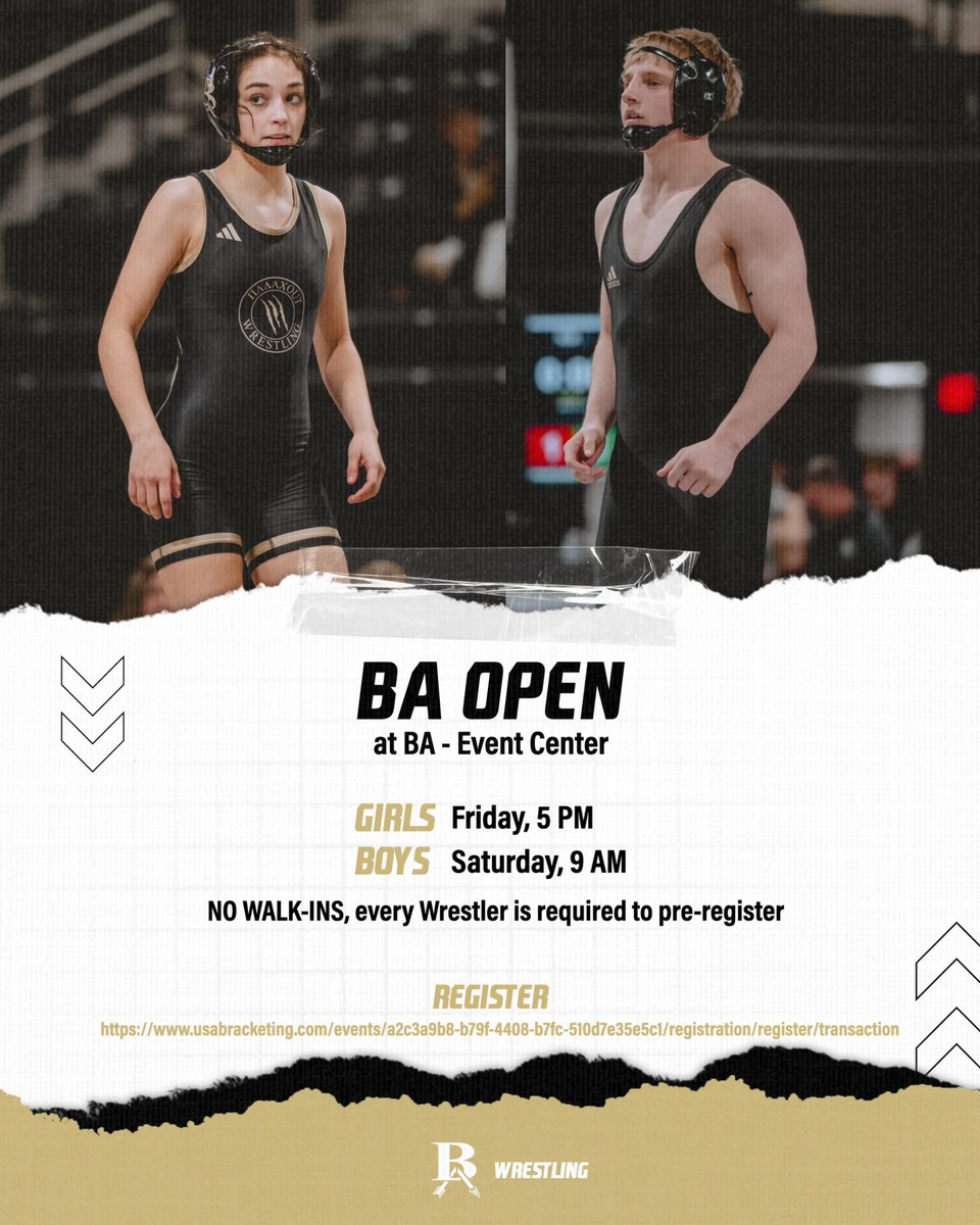 🔥 34th Annual Joe Zamora – Skyler Homan BA Open 🔥
🏆 Girls: Nov. 14 | 🤼‍♂️ Boys: Nov. 15
📍 BA Event Center, Broken Arrow, OK
📲 Register NOW: usabracketing.com/events/a2c3a9b…
💪 #BAWrestling #BAOpen #OklahomaWrestling