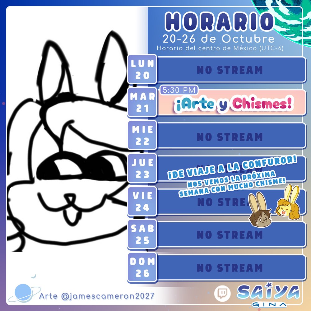 ⭐Nueva semana, nuevo horario⭐20-26 Octubre

¿¡QUE, UN SOLO STREAM!?  Me iré a la Confuror en Guadalajara este fin de semana, y hay mucho por hacer! 

Asi que un rico stream de chismecitos será suficiente antes de que venga un gran stream de chismes furros la próxima semana!