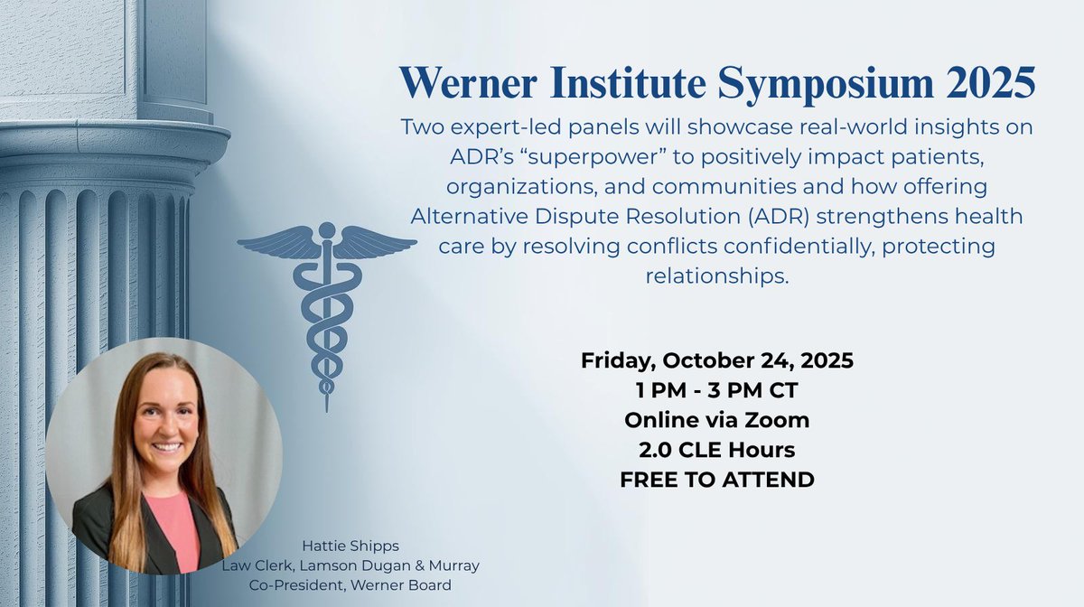 LDM law clerk Hattie Shipps is helping lead Creighton’s Healthcare &amp; ADR Symposium on Oct. 24.
🎓 Free | 💻 Virtual | ⚖️ 2.0 CLE hrs
🔗 Register: bit.ly/4qlBR7g

#LDMlaw #ADR #HealthLaw #CreightonLaw #WernerInstitute #CLE #Mediation #Arbitration #LegalEducation