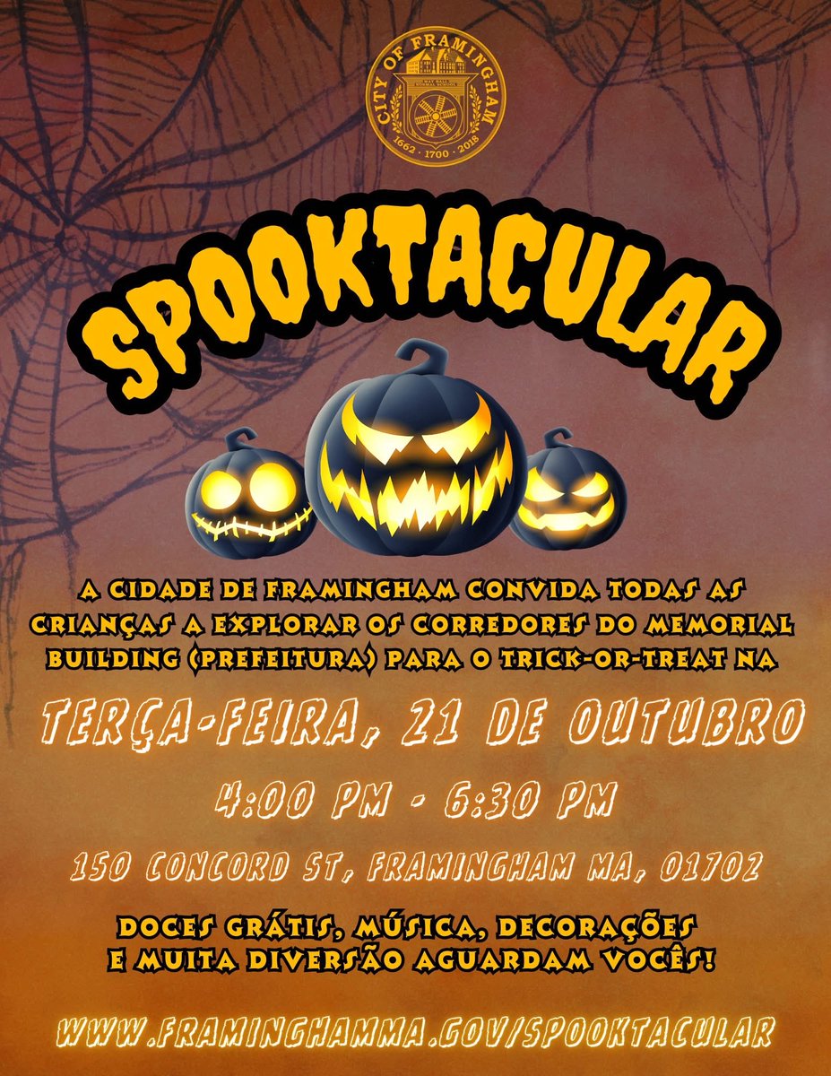 City of Framingham’s 6th Annual Spooktacular event takes place tomorrow. This family-friendly Halloween celebration will take place on October 21, from 4 to 6:30 p.m. at City Hall, 150 Concord Street.Families are invited to come dressed in their favorite costumes