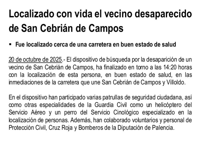 💚 Localizado con vida el vecino desaparecido de San Cebrián de Campos